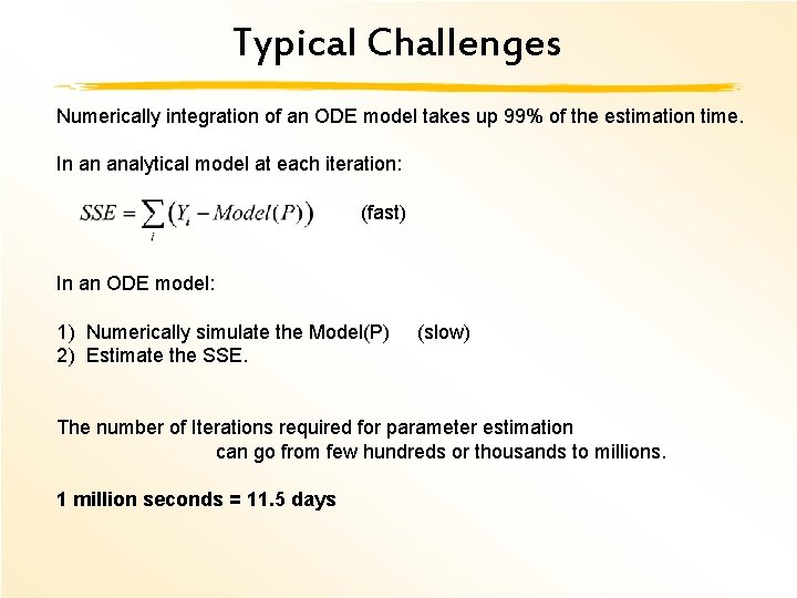 Typical Challenges Numerically integration of an ODE model takes up 99% of the estimation