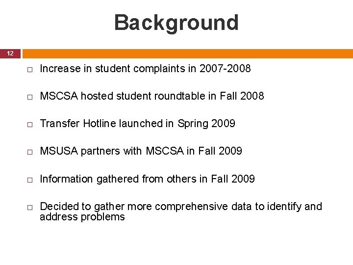 Background 12 Increase in student complaints in 2007 -2008 MSCSA hosted student roundtable in