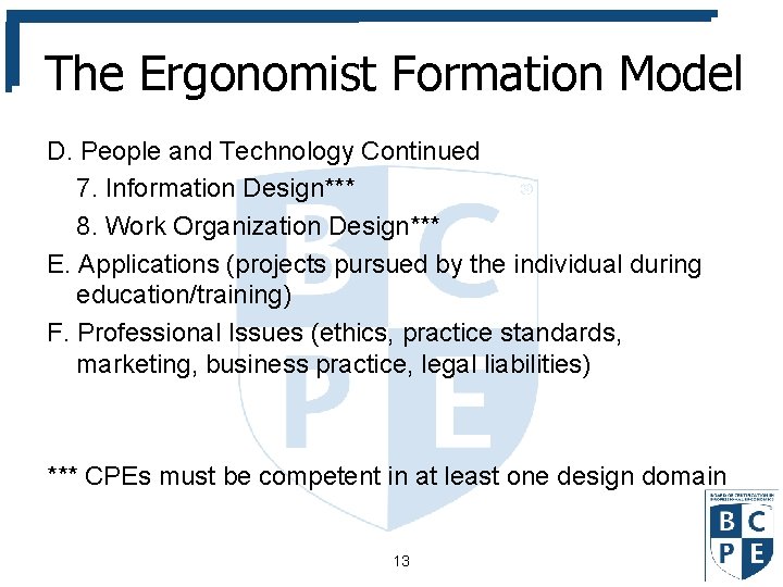 The Ergonomist Formation Model D. People and Technology Continued 7. Information Design*** 8. Work