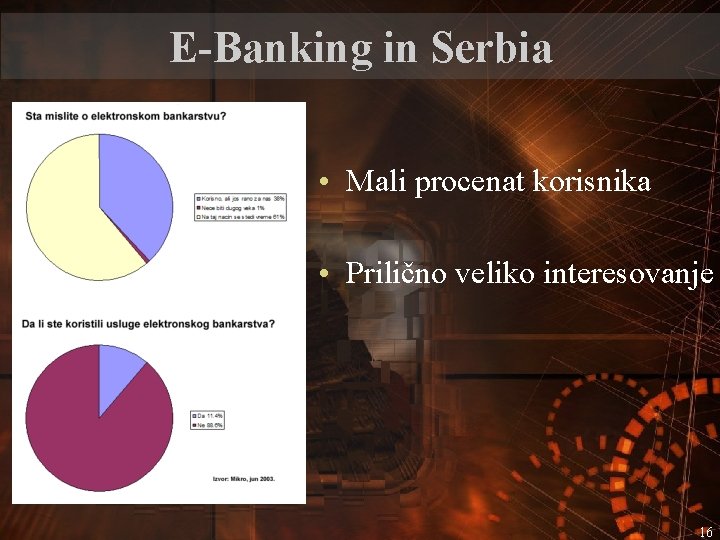 E-Banking in Serbia • Mali procenat korisnika • Prilično veliko interesovanje 16 