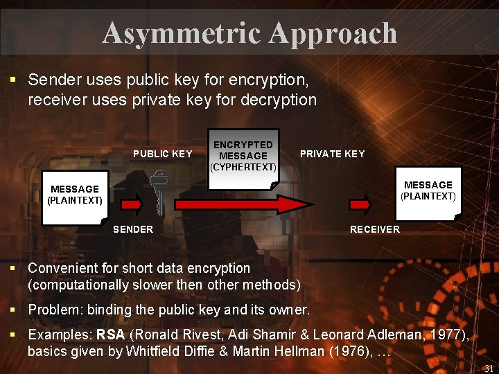 Asymmetric Approach § Sender uses public key for encryption, receiver uses private key for