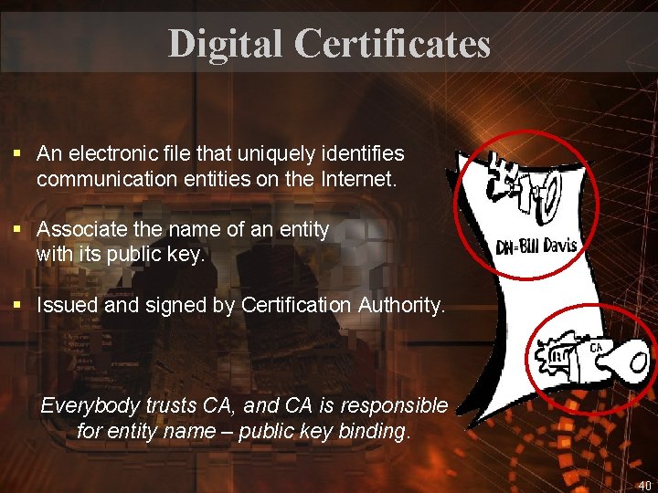 Digital Certificates § An electronic file that uniquely identifies communication entities on the Internet.