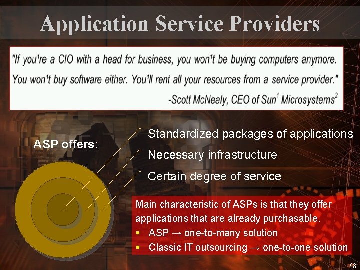 Application Service Providers ASP offers: Standardized packages of applications Necessary infrastructure Certain degree of