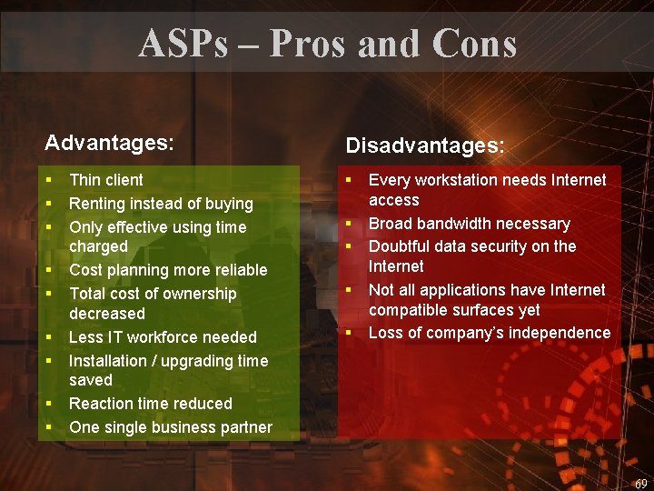 ASPs – Pros and Cons Advantages: Disadvantages: § § § § § Thin client