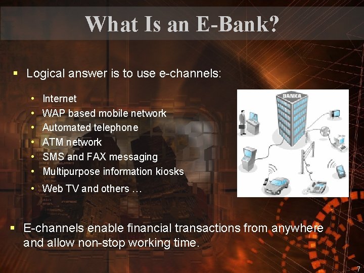 What Is an E-Bank? § Logical answer is to use e-channels: • • •