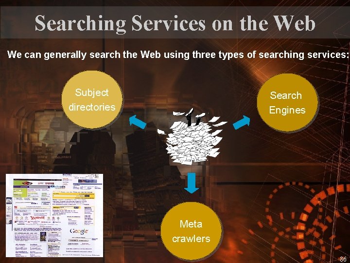 Searching Services on the Web We can generally search the Web using three types