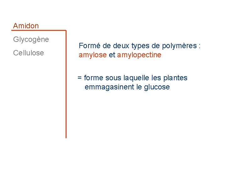 Amidon Glycogène Cellulose Formé de deux types de polymères : amylose et amylopectine =