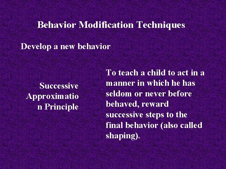Behavior Modification Techniques Develop a new behavior Successive Approximatio n Principle To teach a