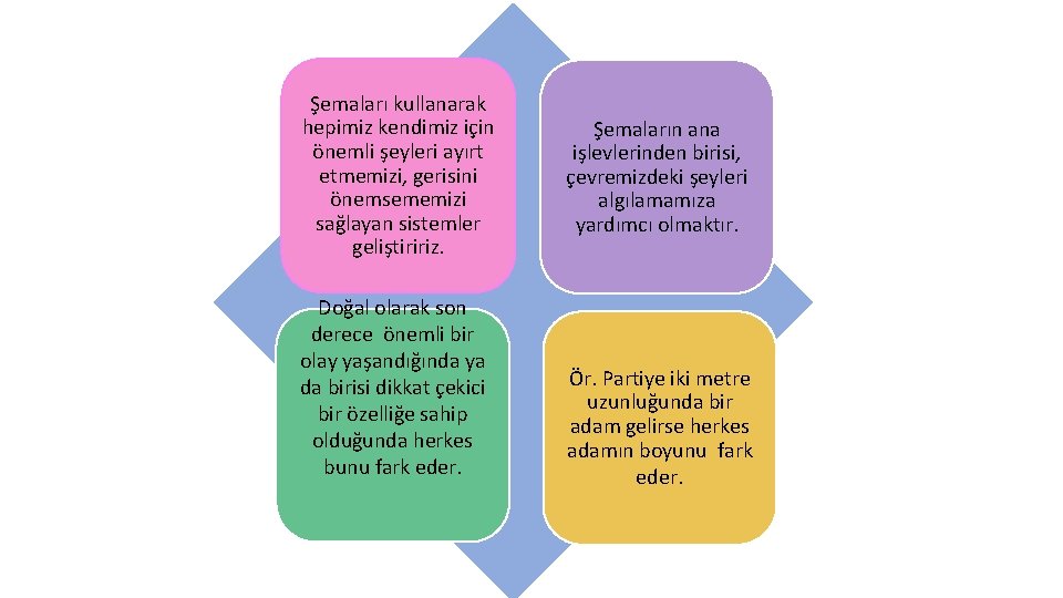 Şemaları kullanarak hepimiz kendimiz için önemli şeyleri ayırt etmemizi, gerisini önemsememizi sağlayan sistemler geliştiririz.