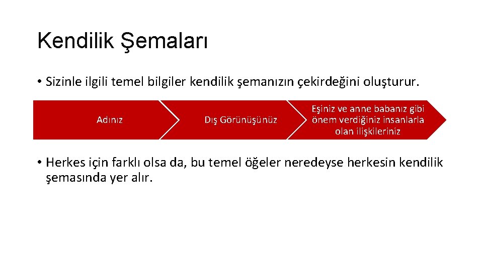 Kendilik Şemaları • Sizinle ilgili temel bilgiler kendilik şemanızın çekirdeğini oluşturur. Adınız Dış Görünüşünüz