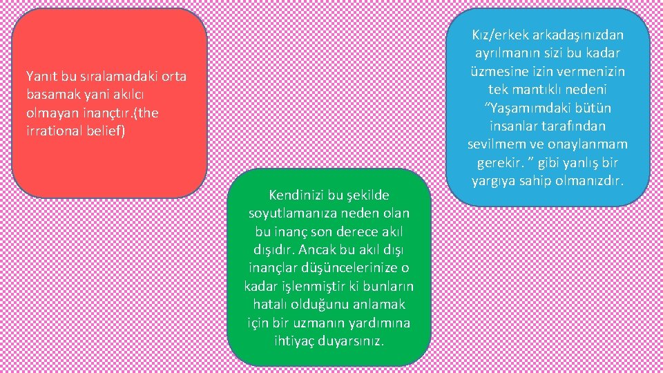 Yanıt bu sıralamadaki orta basamak yani akılcı olmayan inançtır. (the irrational belief) Kendinizi bu