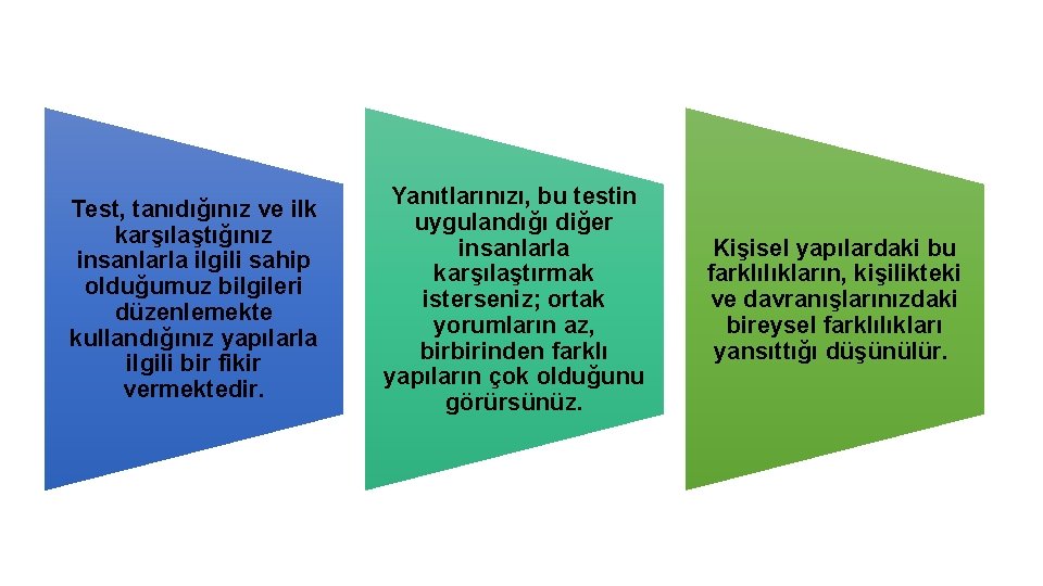 Test, tanıdığınız ve ilk karşılaştığınız insanlarla ilgili sahip olduğumuz bilgileri düzenlemekte kullandığınız yapılarla ilgili