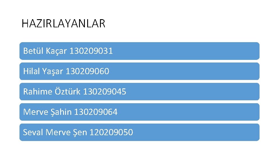 HAZIRLAYANLAR Betül Kaçar 130209031 Hilal Yaşar 130209060 Rahime Öztürk 130209045 Merve Şahin 130209064 Seval