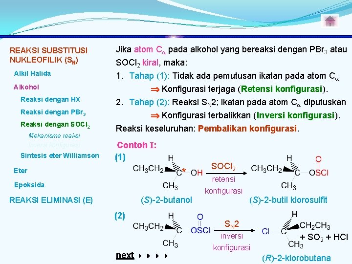 REAKSI SUBSTITUSI NUKLEOFILIK (SN) Alkil Halida Alkohol Reaksi dengan HX Reaksi dengan PBr 3