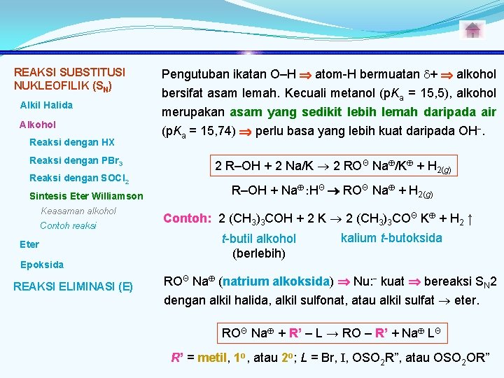 REAKSI SUBSTITUSI NUKLEOFILIK (SN) Alkil Halida Alkohol Reaksi dengan HX Reaksi dengan PBr 3