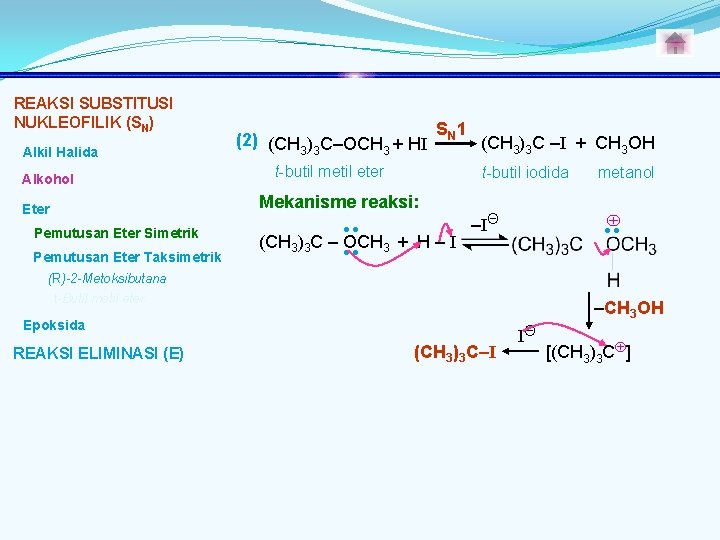 REAKSI SUBSTITUSI NUKLEOFILIK (SN) Alkil Halida Alkohol (2) (CH ) C–OCH + HI 3