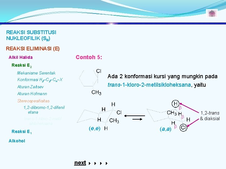 REAKSI SUBSTITUSI NUKLEOFILIK (SN) REAKSI ELIMINASI (E) Alkil Halida Contoh 5: Reaksi E 2