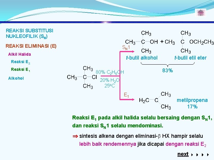 REAKSI SUBSTITUSI NUKLEOFILIK (SN) + REAKSI ELIMINASI (E) S N 1 Alkil Halida t-butil