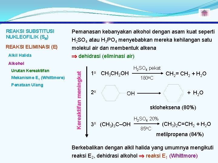 REAKSI SUBSTITUSI NUKLEOFILIK (SN) REAKSI ELIMINASI (E) Alkil Halida Pemanasan kebanyakan alkohol dengan asam