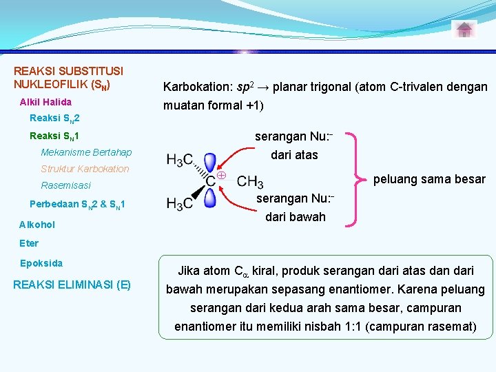 REAKSI SUBSTITUSI NUKLEOFILIK (SN) Alkil Halida Karbokation: sp 2 → planar trigonal (atom C-trivalen