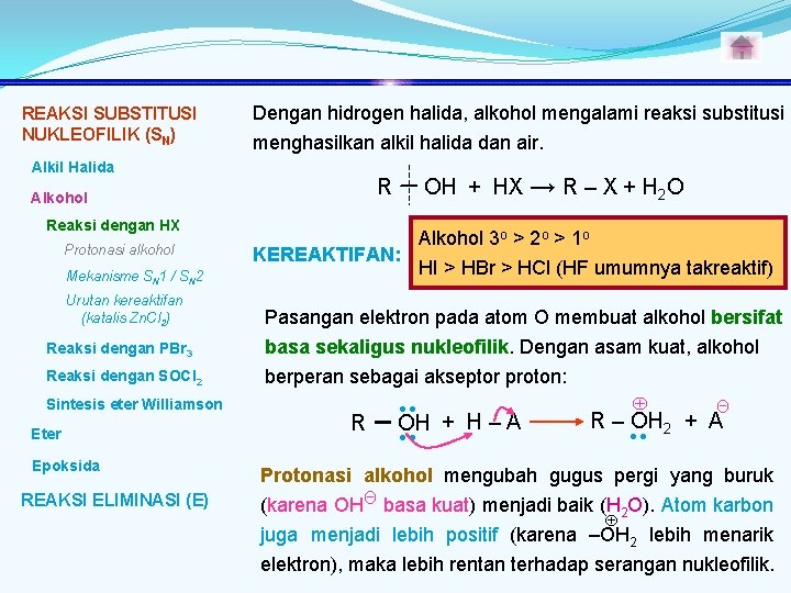 REAKSI SUBSTITUSI NUKLEOFILIK (SN) Dengan hidrogen halida, alkohol mengalami reaksi substitusi menghasilkan alkil halida