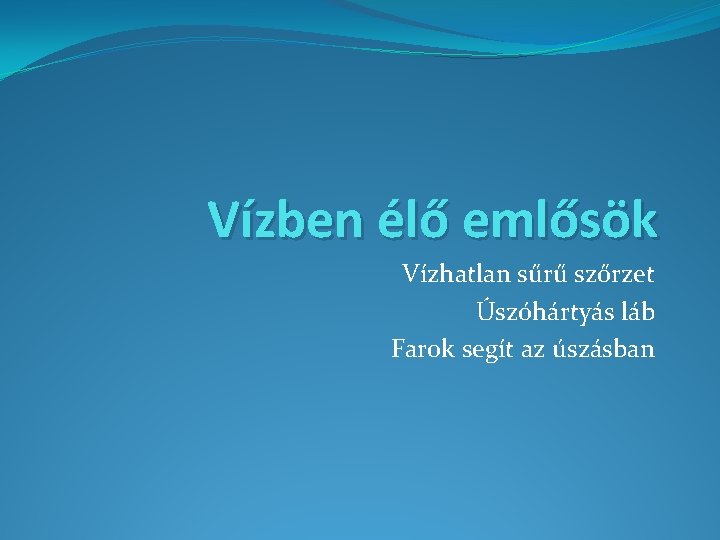 Vízben élő emlősök Vízhatlan sűrű szőrzet Úszóhártyás láb Farok segít az úszásban 