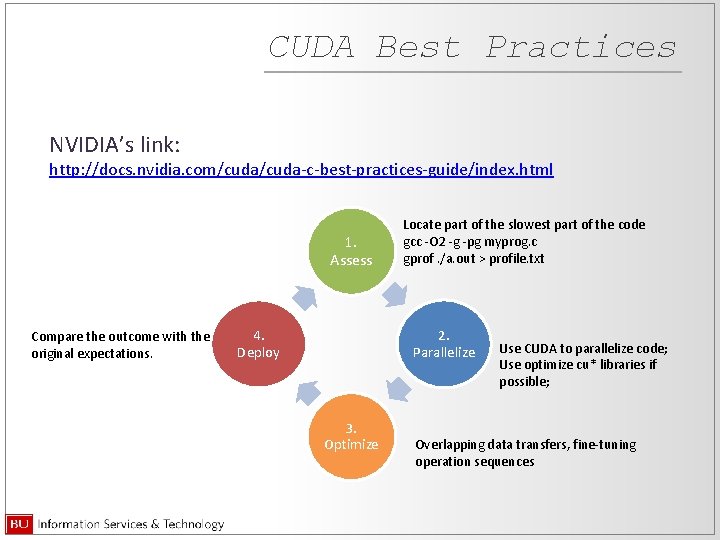 CUDA Best Practices NVIDIA’s link: http: //docs. nvidia. com/cuda-c-best-practices-guide/index. html 1. Assess Compare the