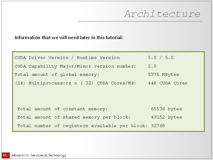 Architecture Information that we will need later in this tutorial: CUDA Driver Version /