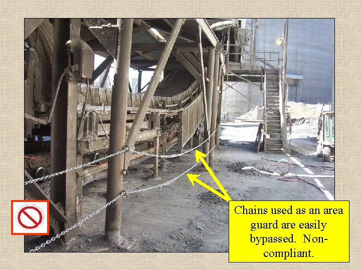 Chains used as an area guard are easily bypassed. Noncompliant. 