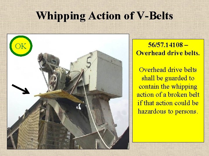 Whipping Action of V-Belts OK 56/57. 14108 – Overhead drive belts shall be guarded
