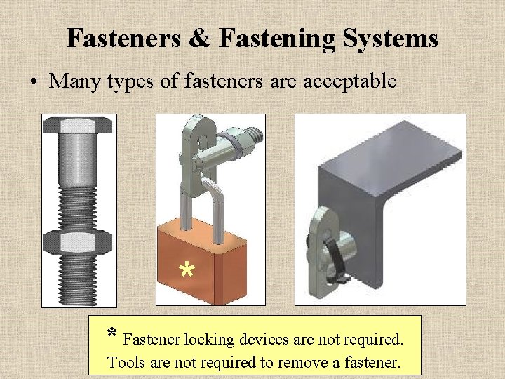 Fasteners & Fastening Systems • Many types of fasteners are acceptable * * Fastener