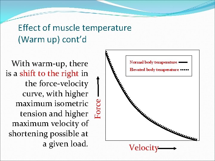 Effect of muscle temperature (Warm up) cont’d Normal body temperature Elevated body temperature Force