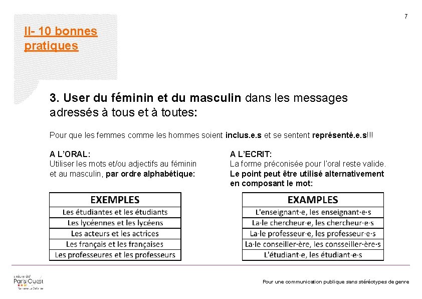 7 II- 10 bonnes pratiques 3. User du féminin et du masculin dans les