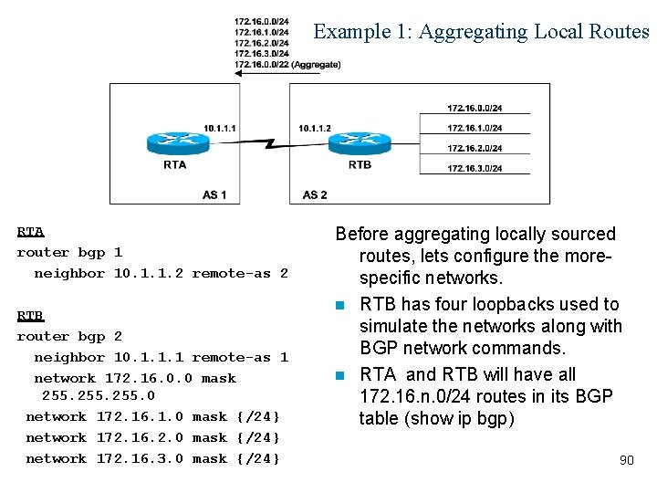 Example 1: Aggregating Local Routes RTA router bgp 1 neighbor 10. 1. 1. 2