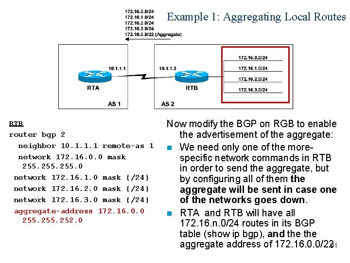 Example 1: Aggregating Local Routes RTB router bgp 2 neighbor 10. 1. 1. 1