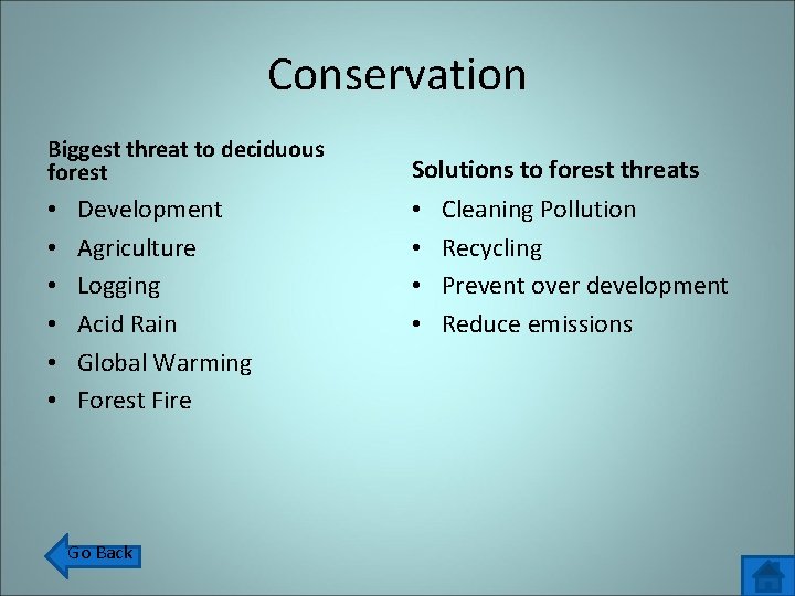 Conservation Biggest threat to deciduous forest • • • Development Agriculture Logging Acid Rain