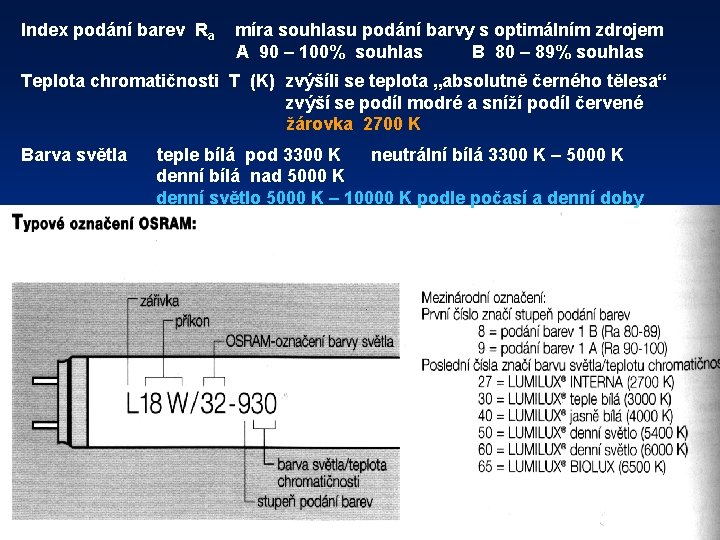 Index podání barev Ra míra souhlasu podání barvy s optimálním zdrojem A 90 –