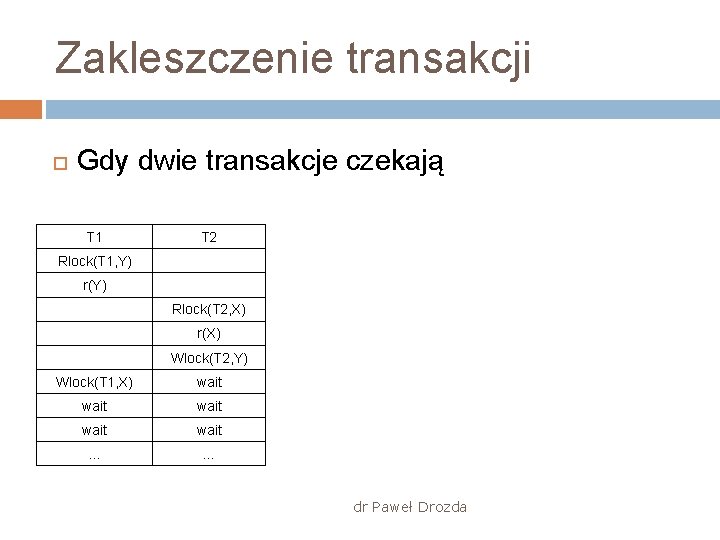 Zakleszczenie transakcji Gdy dwie transakcje czekają T 1 T 2 Rlock(T 1, Y) r(Y)