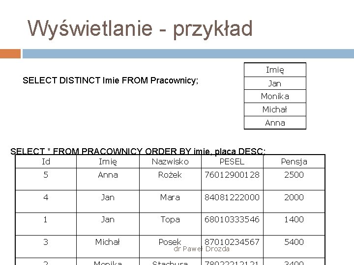 Wyświetlanie - przykład Imię SELECT DISTINCT Imie FROM Pracownicy; Jan Monika Michał Anna SELECT