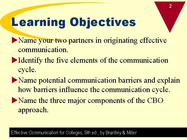 2 Learning Objectives u. Name your two partners in originating effective communication. u. Identify