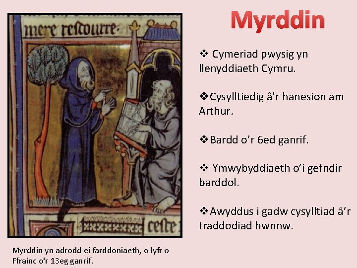 Myrddin v Cymeriad pwysig yn llenyddiaeth Cymru. v. Cysylltiedig â’r hanesion am Arthur. v.