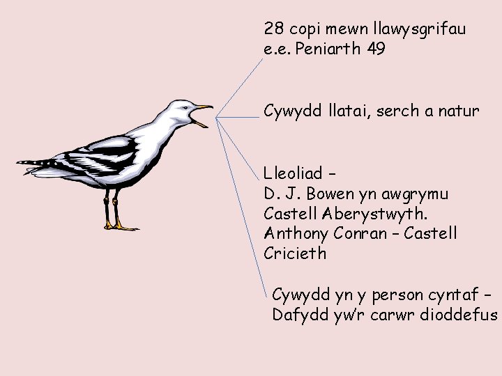 28 copi mewn llawysgrifau e. e. Peniarth 49 Cywydd llatai, serch a natur Lleoliad