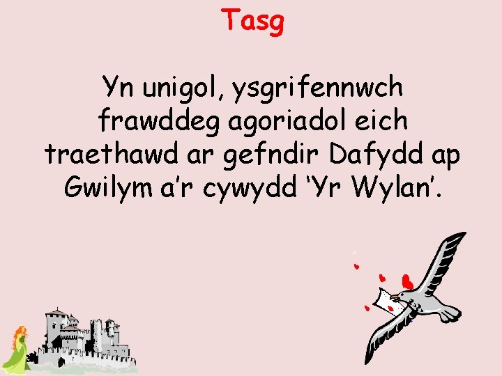 Tasg Yn unigol, ysgrifennwch frawddeg agoriadol eich traethawd ar gefndir Dafydd ap Gwilym a’r