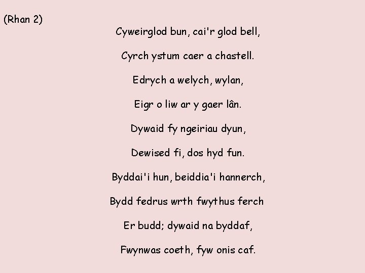 (Rhan 2) Cyweirglod bun, cai'r glod bell, Cyrch ystum caer a chastell. Edrych a