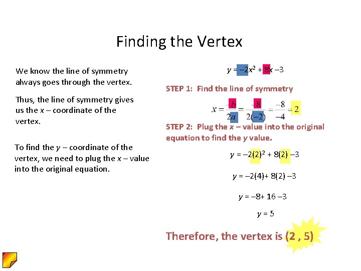 Finding the Vertex We know the line of symmetry always goes through the vertex.