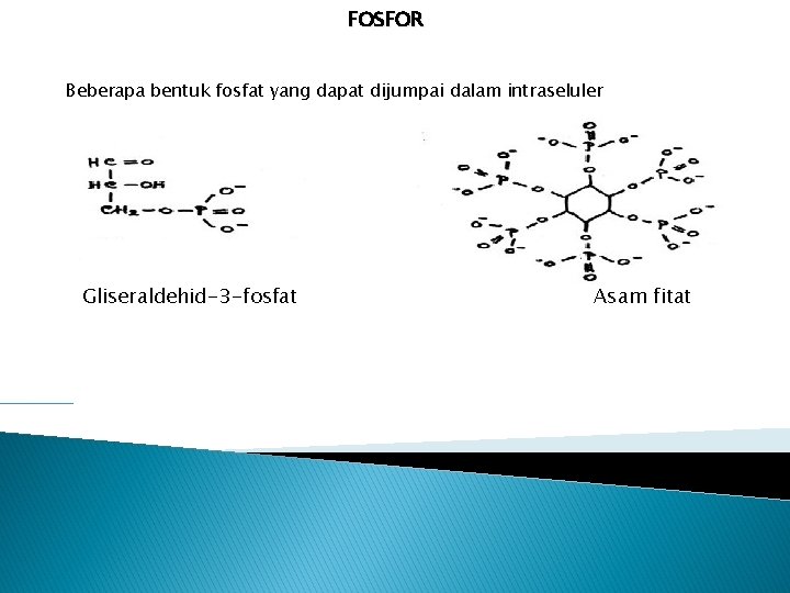 FOSFOR Beberapa bentuk fosfat yang dapat dijumpai dalam intraseluler Gliseraldehid-3 -fosfat Asam fitat 