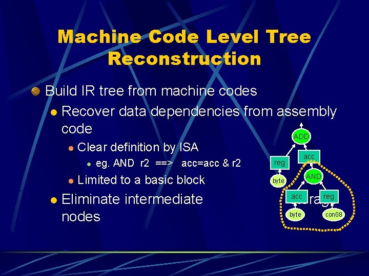 Machine Code Level Tree Reconstruction Build IR tree from machine codes l Recover data