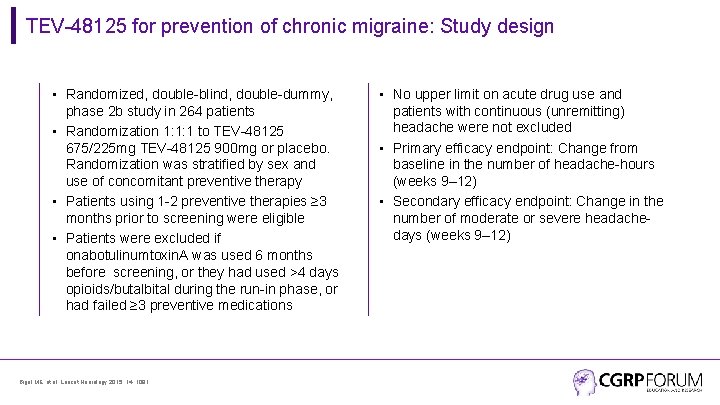 TEV-48125 for prevention of chronic migraine: Study design • Randomized, double-blind, double-dummy, phase 2