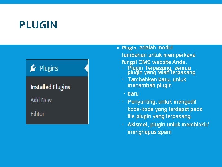 PLUGIN Plugin, adalah modul tambahan untuk memperkaya fungsi CMS website Anda. Plugin Terpasang, semua