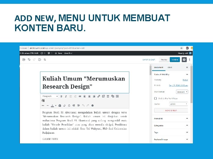 ADD NEW, MENU UNTUK MEMBUAT KONTEN BARU. 